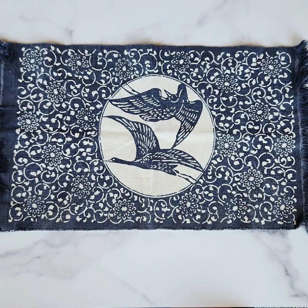 Geese canvas table cloth navy blue cream floral fringe trim bird aviary 1 piece